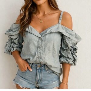 New York & Company Cold-Shoulder Ruched Sleeve Chambray denim top